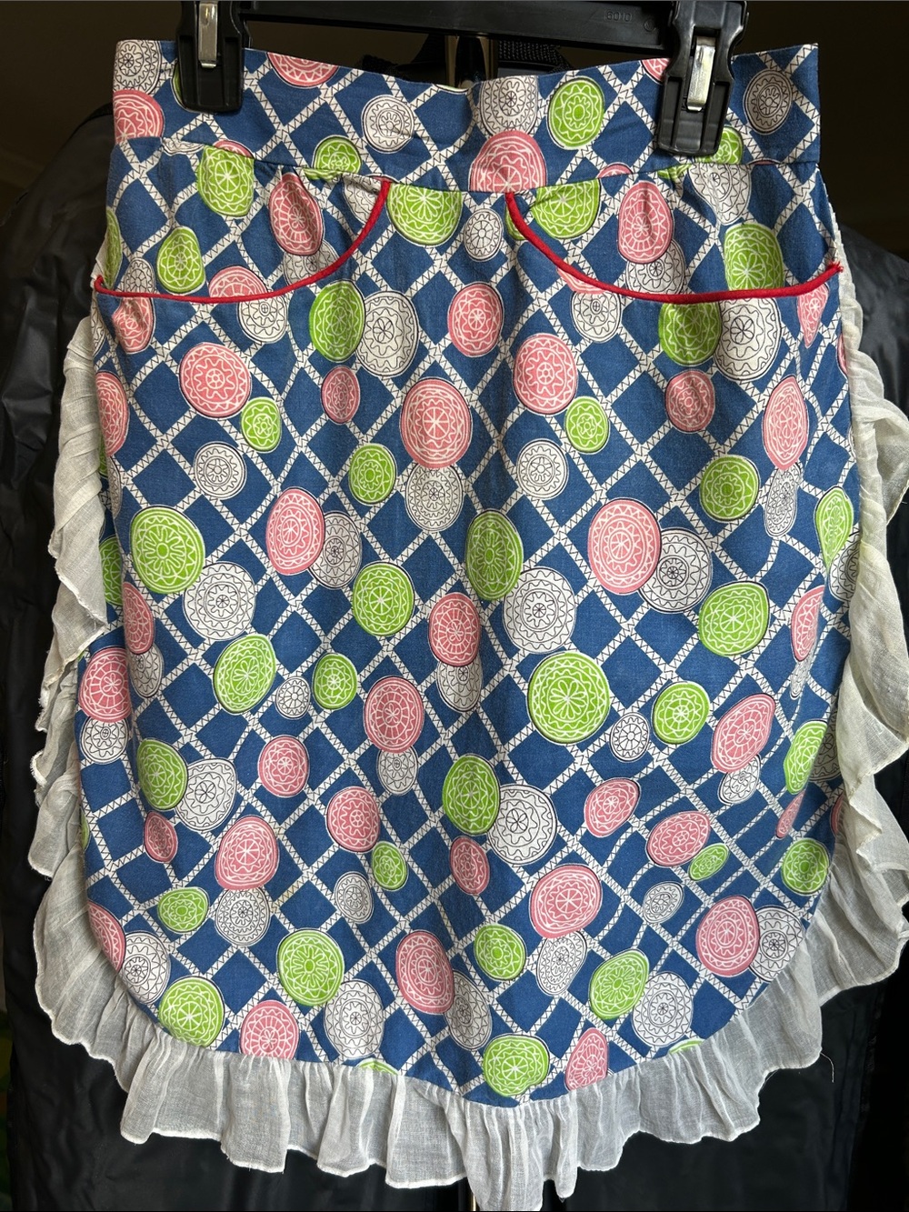 Women’s Patterned Navy Retro Apron with Pink & Lime Accents